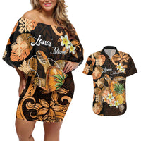Personalised Aloha Hawaii Lanai Island Couples Matching Off Shoulder Short Dress and Hawaiian Shirt Pineapple Isle Map Sea Turtle Plumeria