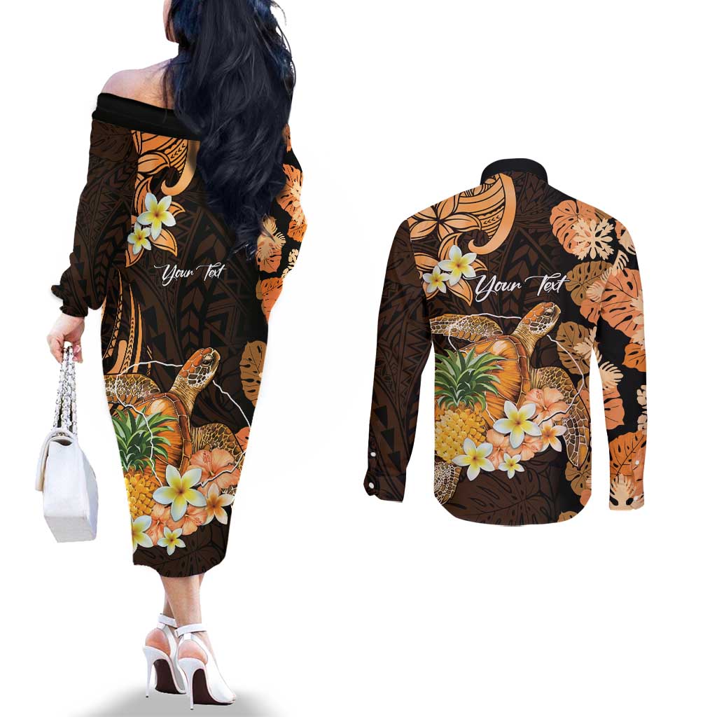 Personalised Aloha Hawaii Lanai Island Couples Matching Off The Shoulder Long Sleeve Dress and Long Sleeve Button Shirt Pineapple Isle Map Sea Turtle Plumeria