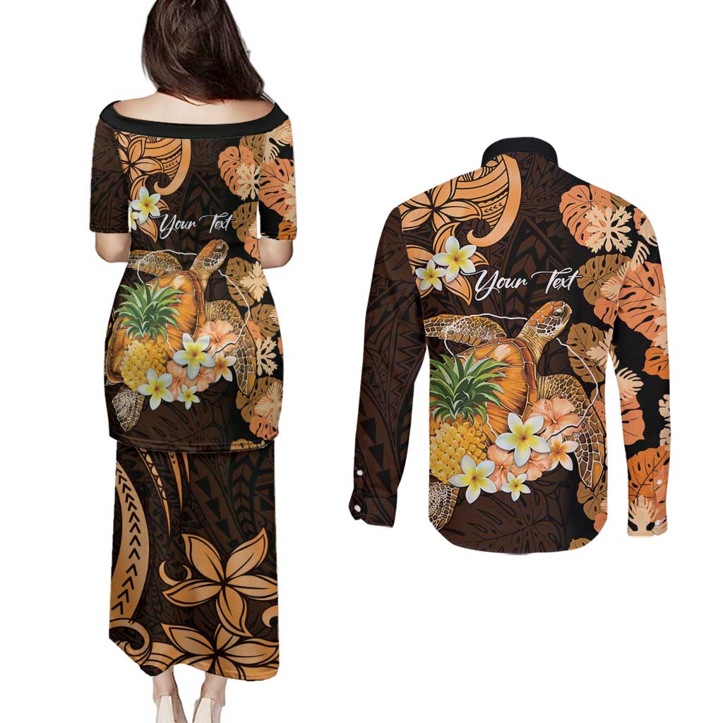 Personalised Aloha Hawaii Lanai Island Couples Matching Puletasi and Long Sleeve Button Shirt Pineapple Isle Map Sea Turtle Plumeria