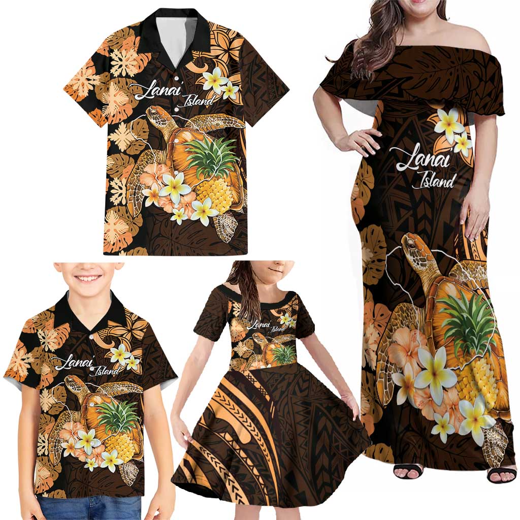 Personalised Aloha Hawaii Lanai Island Family Matching Off Shoulder Maxi Dress and Hawaiian Shirt Pineapple Isle Map Sea Turtle Plumeria