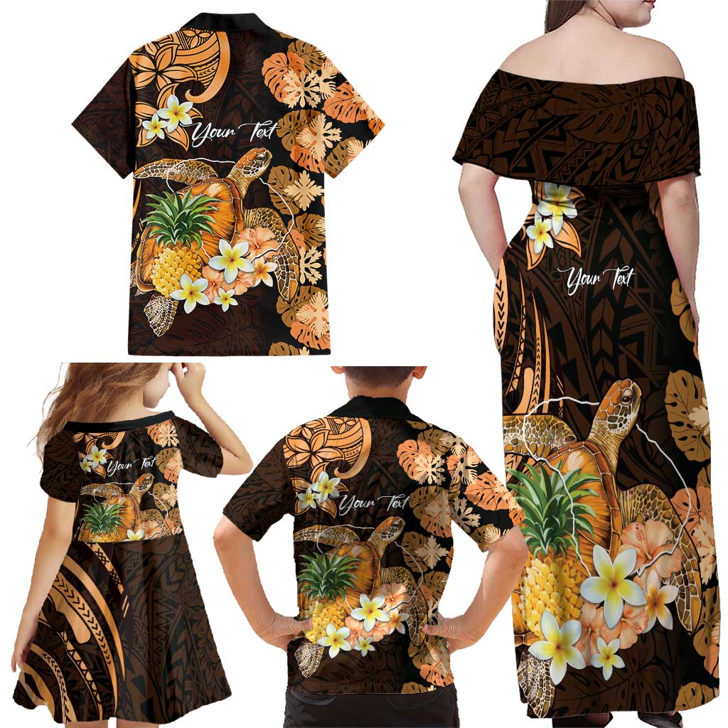 Personalised Aloha Hawaii Lanai Island Family Matching Off Shoulder Maxi Dress and Hawaiian Shirt Pineapple Isle Map Sea Turtle Plumeria
