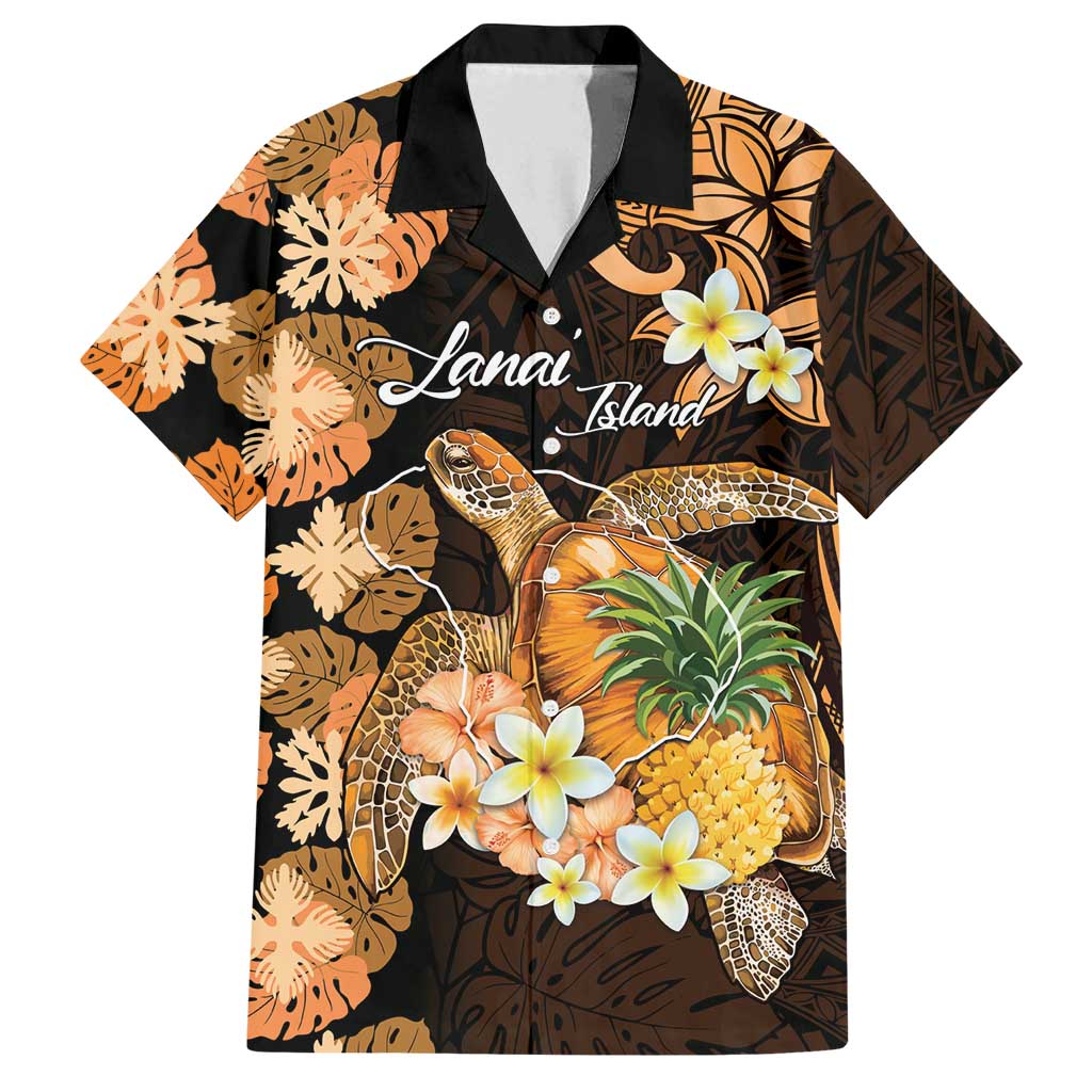 Personalised Aloha Hawaii Lanai Island Family Matching Off Shoulder Short Dress and Hawaiian Shirt Pineapple Isle Map Sea Turtle Plumeria LT14 Dad's Shirt - Short Sleeve Orange - Polynesian Pride