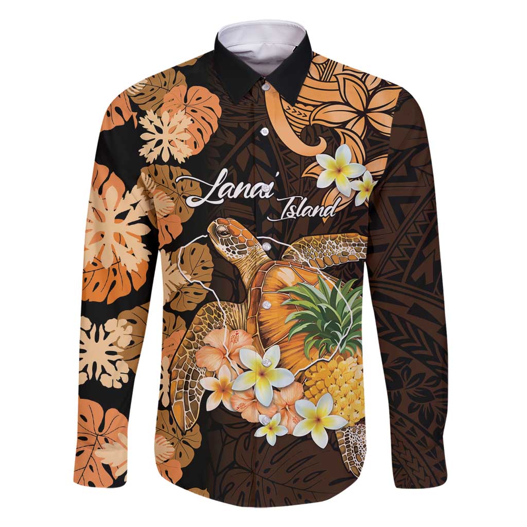 Personalised Aloha Hawaii Lanai Island Family Matching Off Shoulder Short Dress and Hawaiian Shirt Pineapple Isle Map Sea Turtle Plumeria LT14 Dad's Shirt - Long Sleeve Orange - Polynesian Pride