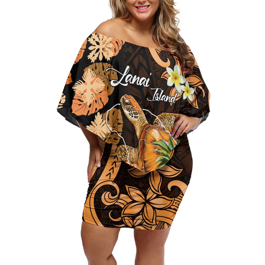 Personalised Aloha Hawaii Lanai Island Family Matching Off Shoulder Short Dress and Hawaiian Shirt Pineapple Isle Map Sea Turtle Plumeria LT14 Mom's Dress Orange - Polynesian Pride