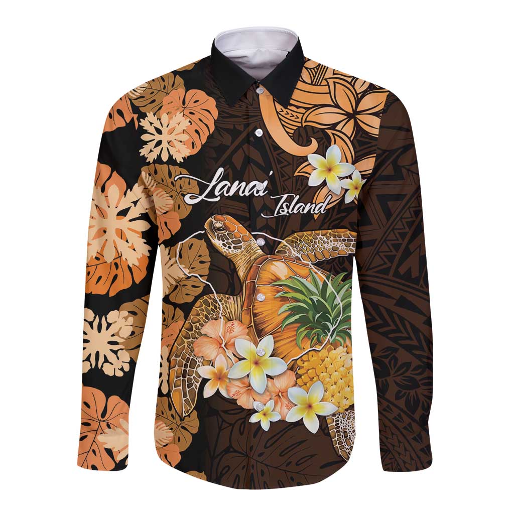 Personalised Aloha Hawaii Lanai Island Long Sleeve Button Shirt Pineapple Isle Map Sea Turtle Plumeria