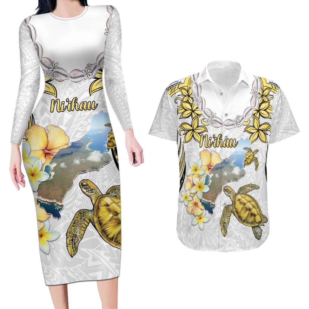 Personalised Aloha Hawaii Niihau Island Couples Matching Long Sleeve Bodycon Dress and Hawaiian Shirt Forbidden Isle Map Shell Lei