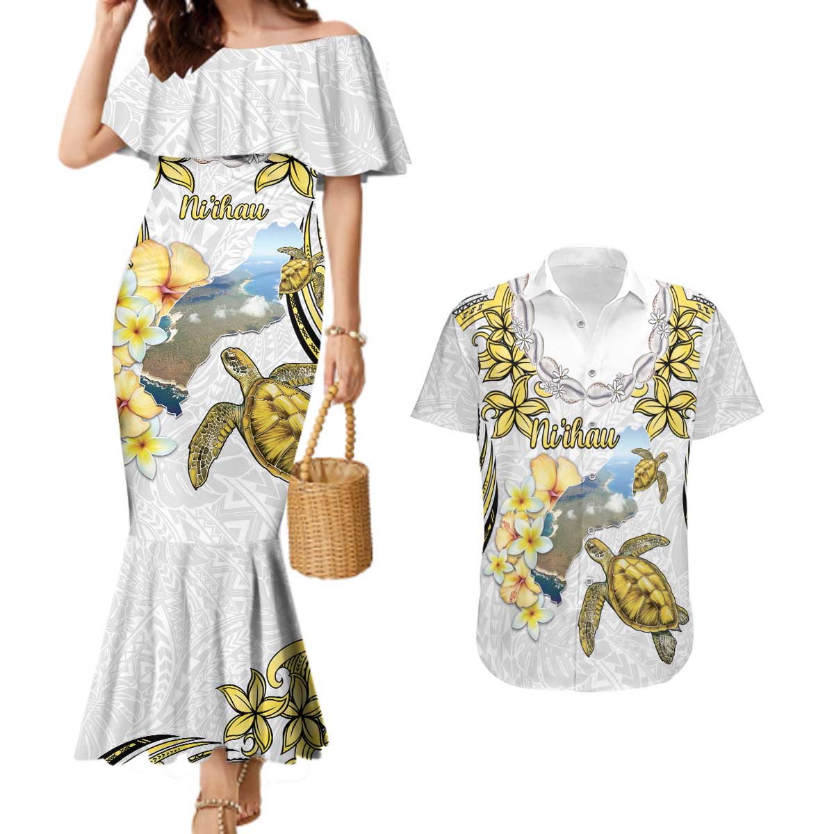 Personalised Aloha Hawaii Niihau Island Couples Matching Mermaid Dress and Hawaiian Shirt Forbidden Isle Map Shell Lei