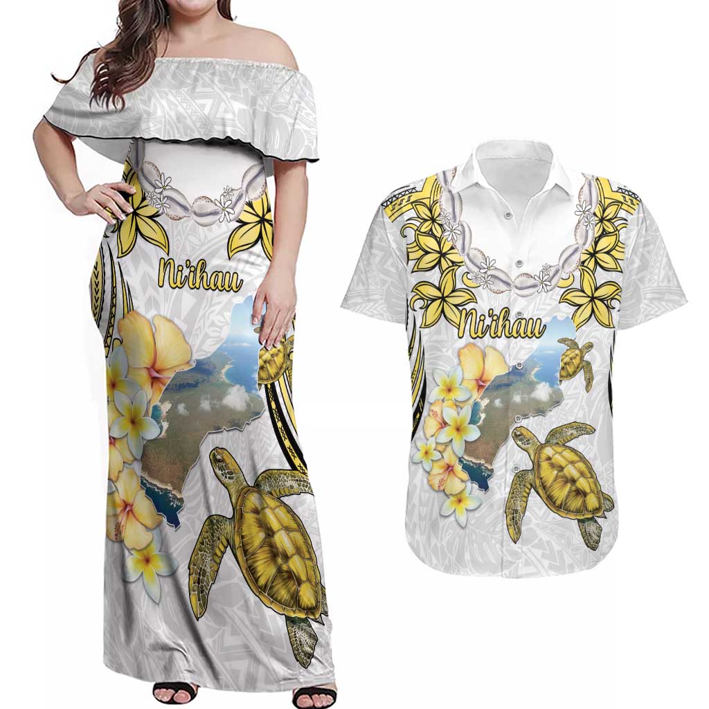 Personalised Aloha Hawaii Niihau Island Couples Matching Off Shoulder Maxi Dress and Hawaiian Shirt Forbidden Isle Map Shell Lei