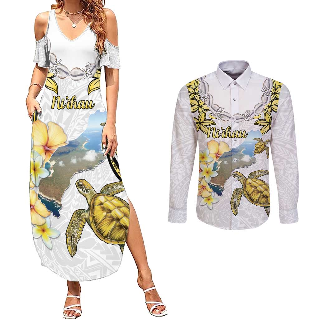 Personalised Aloha Hawaii Niihau Island Couples Matching Summer Maxi Dress and Long Sleeve Button Shirt Forbidden Isle Map Shell Lei