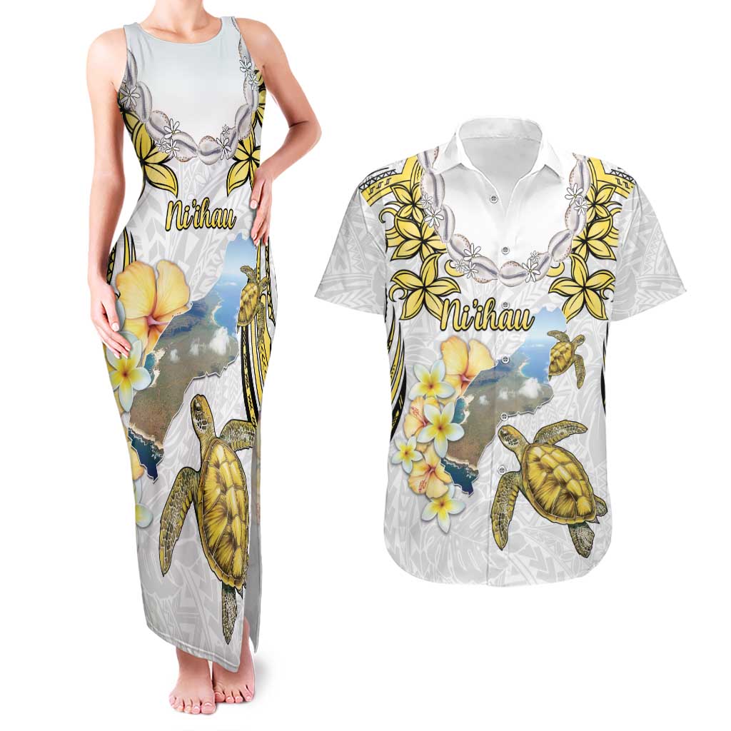 Personalised Aloha Hawaii Niihau Island Couples Matching Tank Maxi Dress and Hawaiian Shirt Forbidden Isle Map Shell Lei