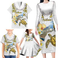 Personalised Aloha Hawaii Niihau Island Family Matching Long Sleeve Bodycon Dress and Hawaiian Shirt Forbidden Isle Map Shell Lei LT14 - Polynesian Pride