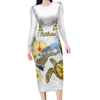 Personalised Aloha Hawaii Niihau Island Family Matching Long Sleeve Bodycon Dress and Hawaiian Shirt Forbidden Isle Map Shell Lei LT14 Mom's Dress Yellow - Polynesian Pride