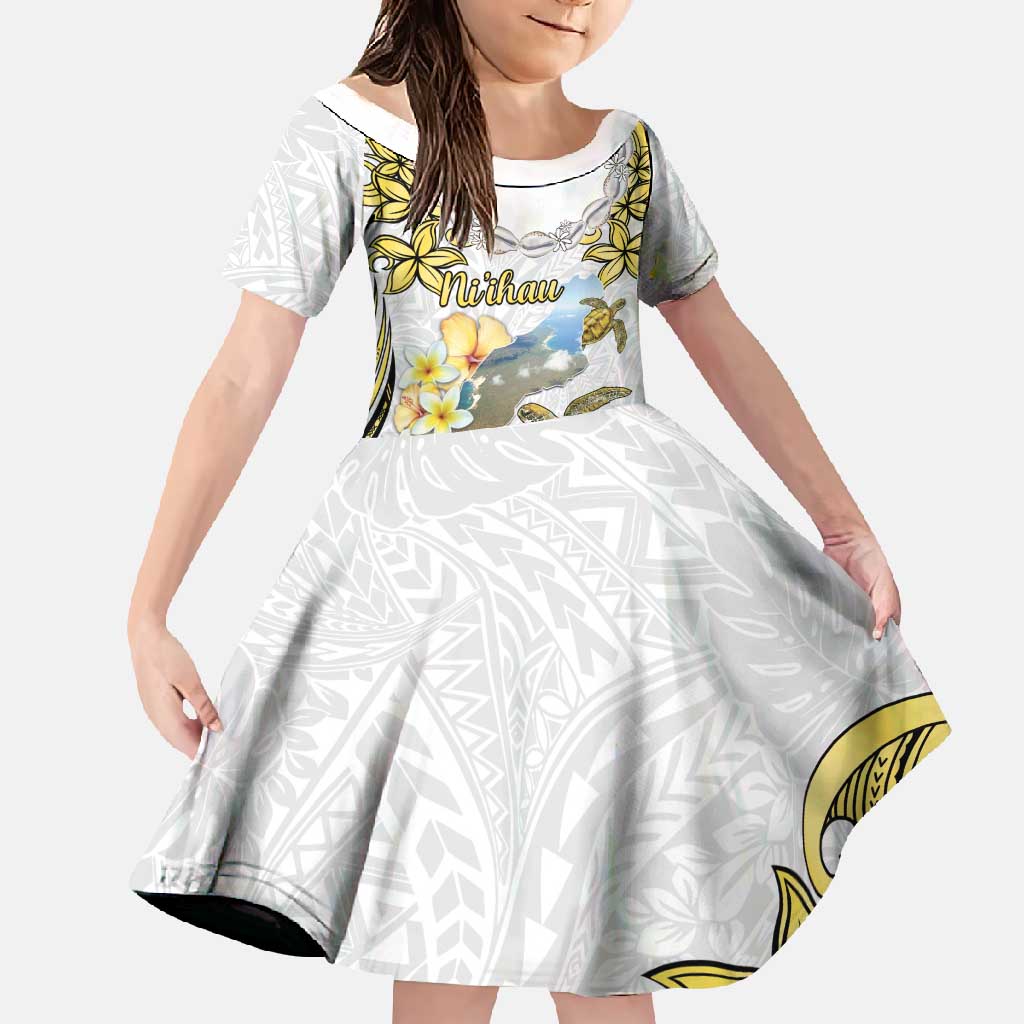Personalised Aloha Hawaii Niihau Island Family Matching Mermaid Dress and Hawaiian Shirt Forbidden Isle Map Shell Lei LT14 Daughter's Dress Yellow - Polynesian Pride