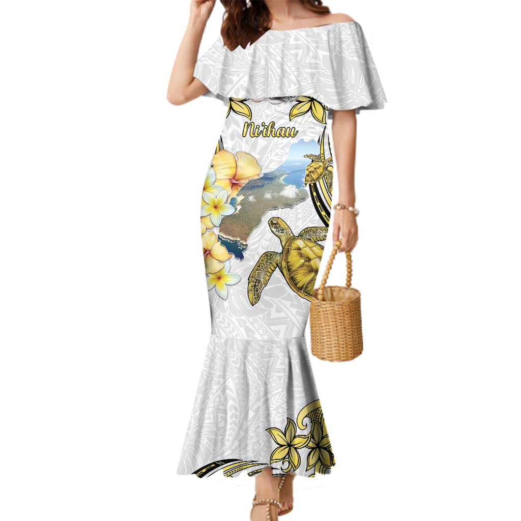 Personalised Aloha Hawaii Niihau Island Family Matching Mermaid Dress and Hawaiian Shirt Forbidden Isle Map Shell Lei LT14 Mom's Dress Yellow - Polynesian Pride