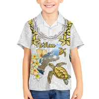 Personalised Aloha Hawaii Niihau Island Family Matching Off The Shoulder Long Sleeve Dress and Hawaiian Shirt Forbidden Isle Map Shell Lei