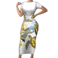 Personalised Aloha Hawaii Niihau Island Family Matching Short Sleeve Bodycon Dress and Hawaiian Shirt Forbidden Isle Map Shell Lei LT14 Mom's Dress Yellow - Polynesian Pride