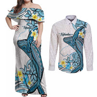 Personalised Aloha Hawaii Kahoolawe Island Couples Matching Off Shoulder Maxi Dress and Long Sleeve Button Shirt Target Isle Map With Humpback Whale