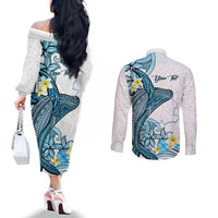 Personalised Aloha Hawaii Kahoolawe Island Couples Matching Off The Shoulder Long Sleeve Dress and Long Sleeve Button Shirt Target Isle Map With Humpback Whale