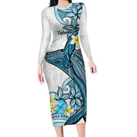 Personalised Aloha Hawaii Kahoolawe Island Family Matching Long Sleeve Bodycon Dress and Hawaiian Shirt Target Isle Map With Humpback Whale LT14 Mom's Dress Blue - Polynesian Pride