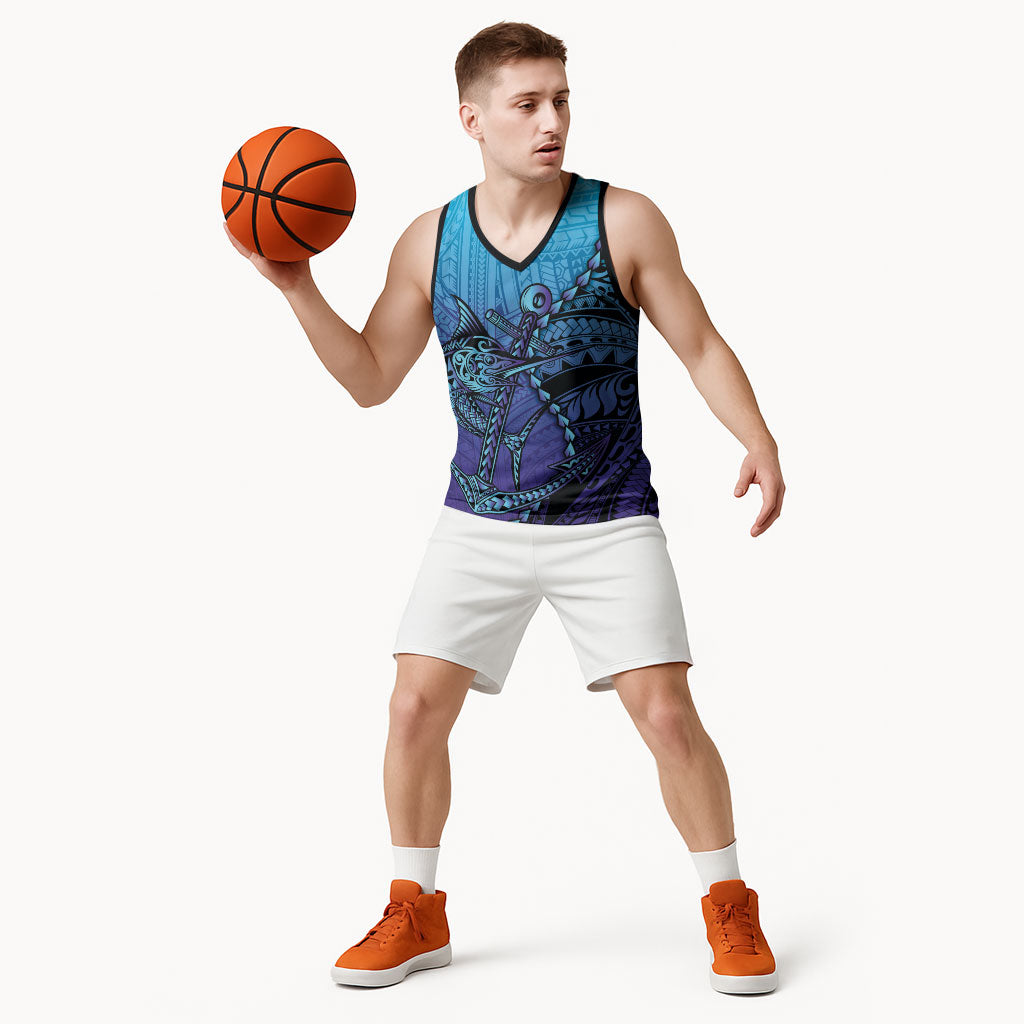 Personalised Polynesia Blue Marlin Fishing Basketball Jersey Marlin Anchor Tattoo Polynesian Pattern