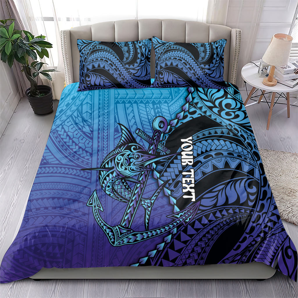 Personalised Polynesia Blue Marlin Fishing Bedding Set Marlin Anchor Tattoo Polynesian Pattern