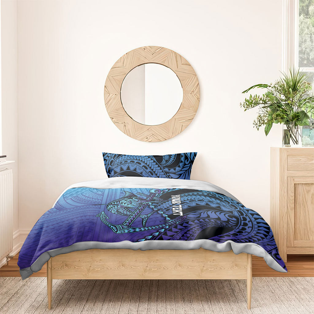 Personalised Polynesia Blue Marlin Fishing Bedding Set Marlin Anchor Tattoo Polynesian Pattern