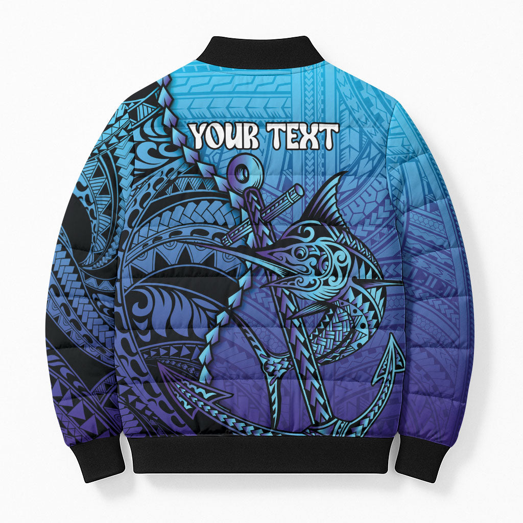 Personalised Polynesia Blue Marlin Fishing Bomber Puffer Jacket Marlin Anchor Tattoo Polynesian Pattern