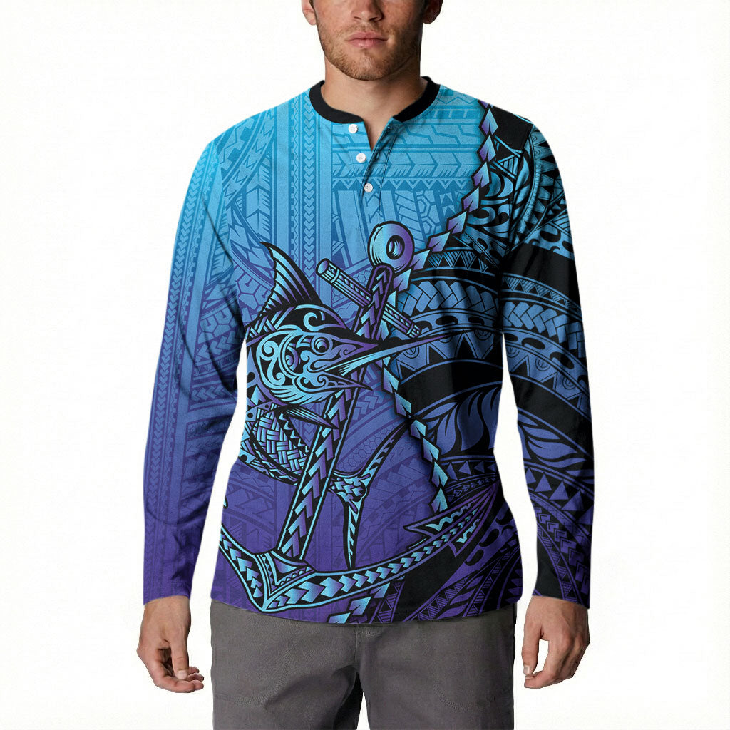 Personalised Polynesia Blue Marlin Fishing Button Sweatshirt Marlin Anchor Tattoo Polynesian Pattern