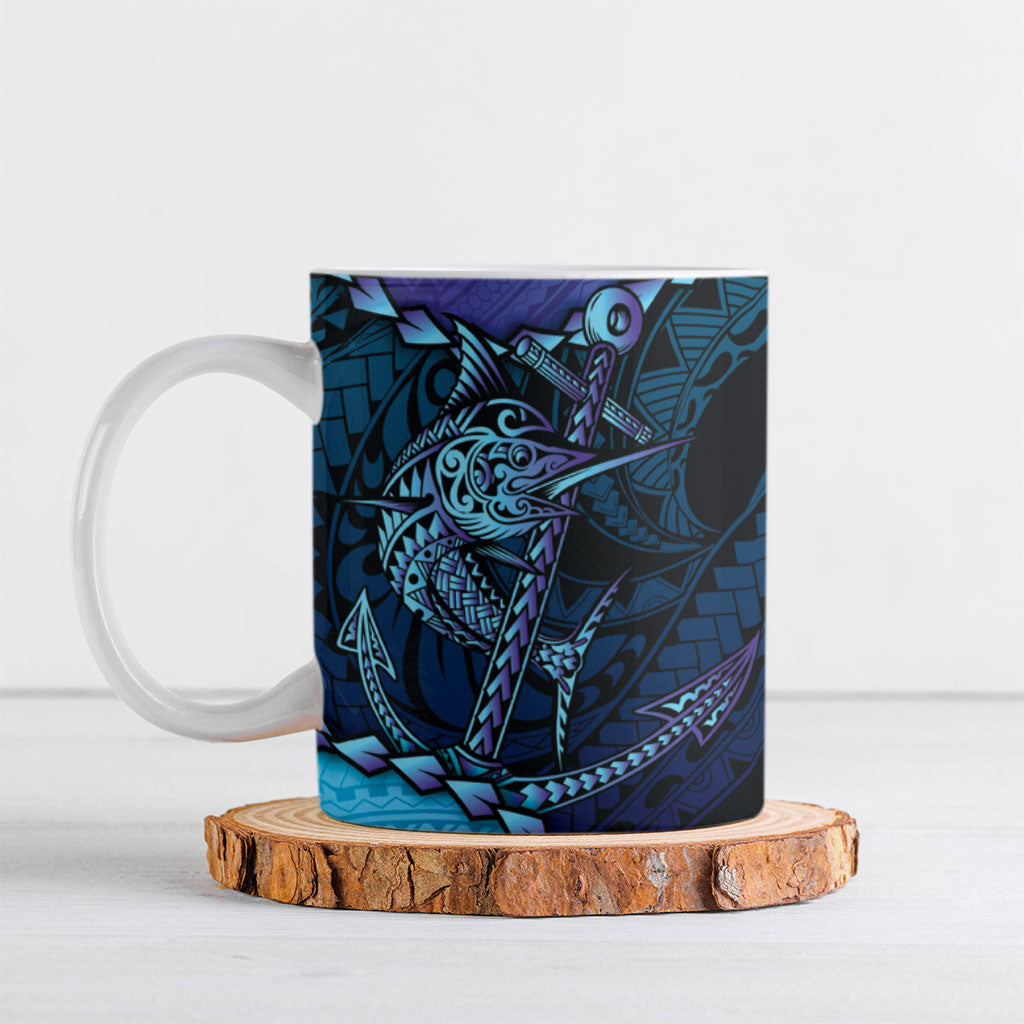 Personalised Polynesia Blue Marlin Fishing Ceramic Mug Marlin Anchor Tattoo Polynesian Pattern