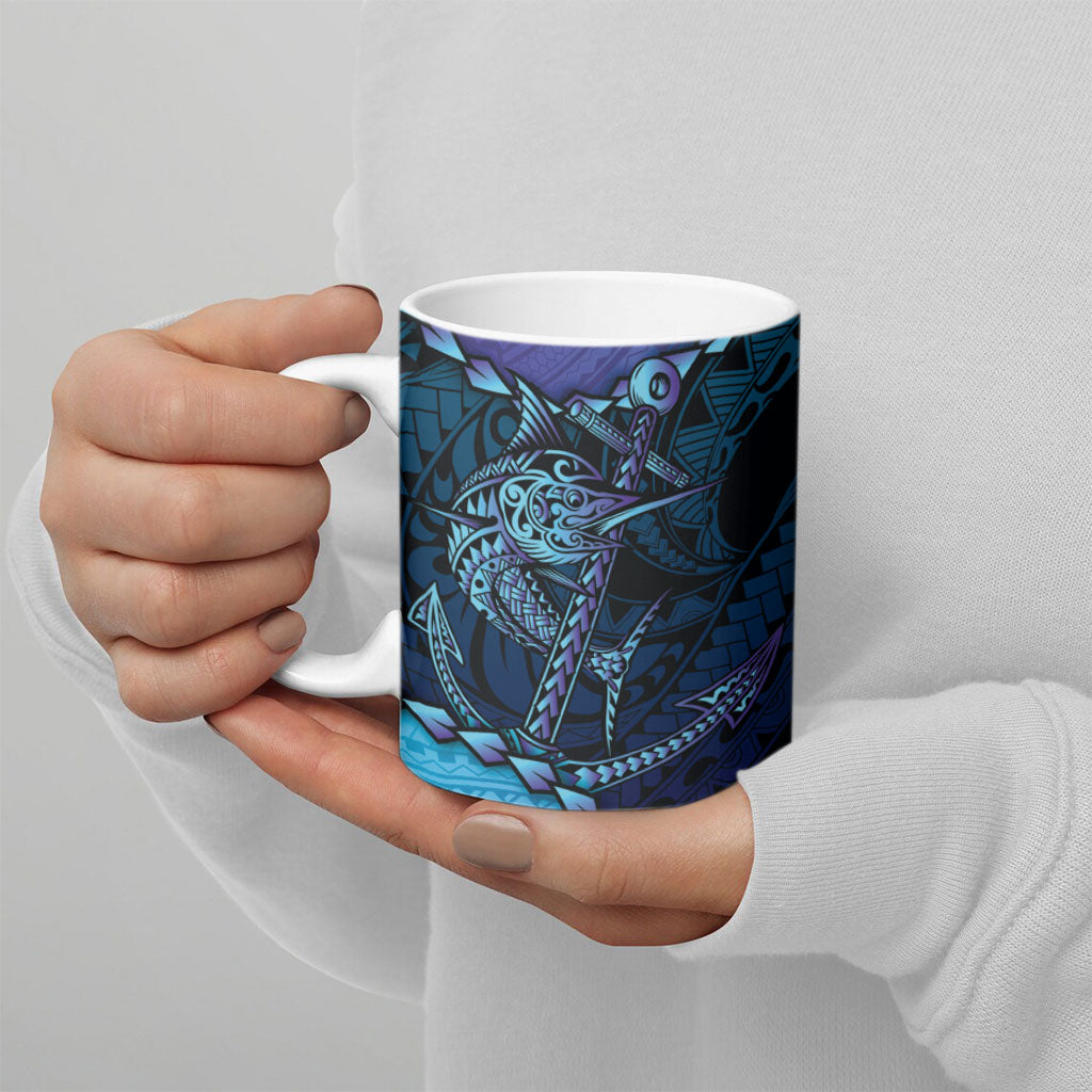 Personalised Polynesia Blue Marlin Fishing Ceramic Mug Marlin Anchor Tattoo Polynesian Pattern