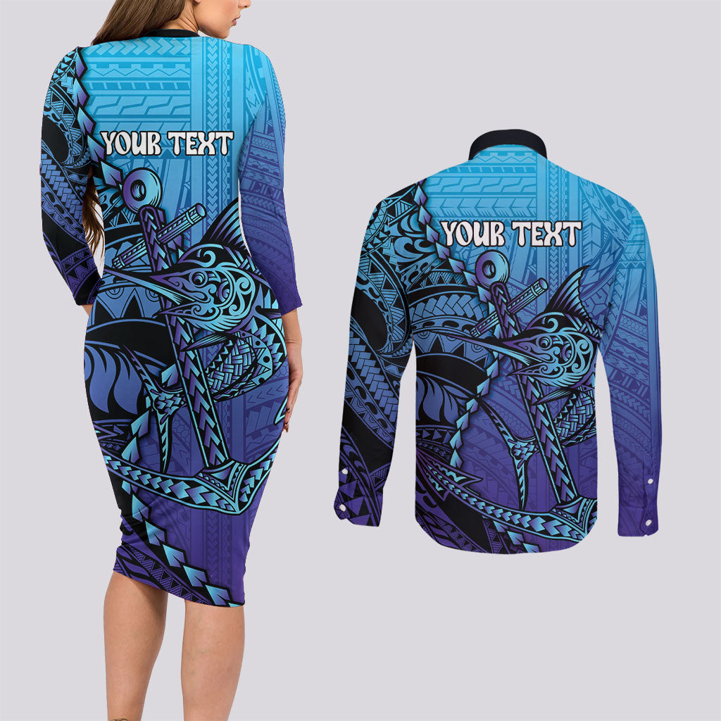 Personalised Polynesia Blue Marlin Fishing Couples Matching Long Sleeve Bodycon Dress and Long Sleeve Button Shirt Marlin Anchor Tattoo Polynesian Pattern