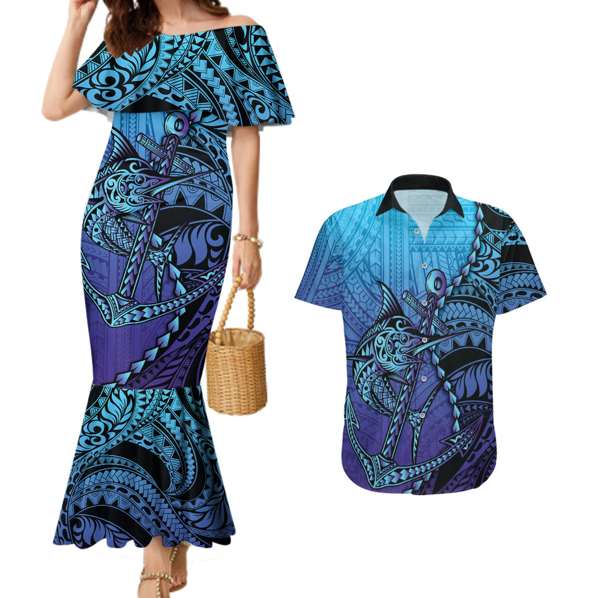 Personalised Polynesia Blue Marlin Fishing Couples Matching Mermaid Dress and Hawaiian Shirt Marlin Anchor Tattoo Polynesian Pattern