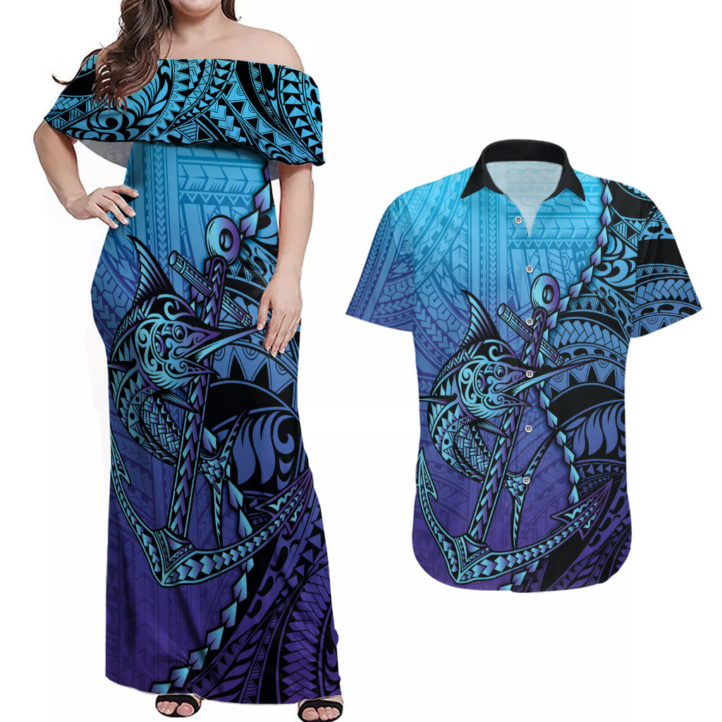Personalised Polynesia Blue Marlin Fishing Couples Matching Off Shoulder Maxi Dress and Hawaiian Shirt Marlin Anchor Tattoo Polynesian Pattern