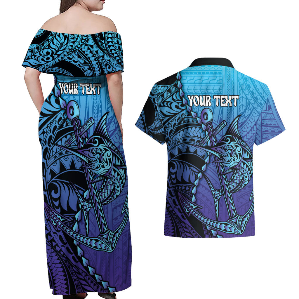 Personalised Polynesia Blue Marlin Fishing Couples Matching Off Shoulder Maxi Dress and Hawaiian Shirt Marlin Anchor Tattoo Polynesian Pattern