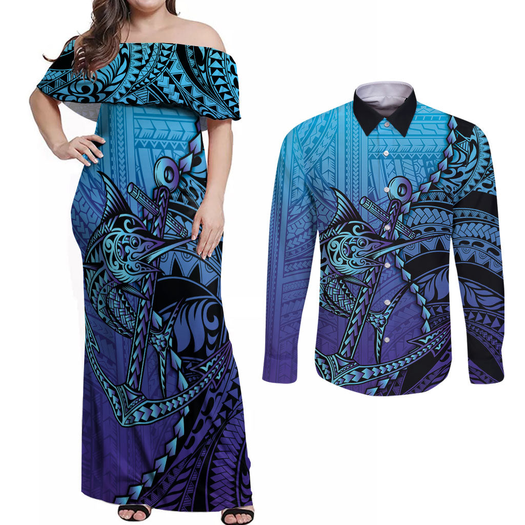 Personalised Polynesia Blue Marlin Fishing Couples Matching Off Shoulder Maxi Dress and Long Sleeve Button Shirt Marlin Anchor Tattoo Polynesian Pattern