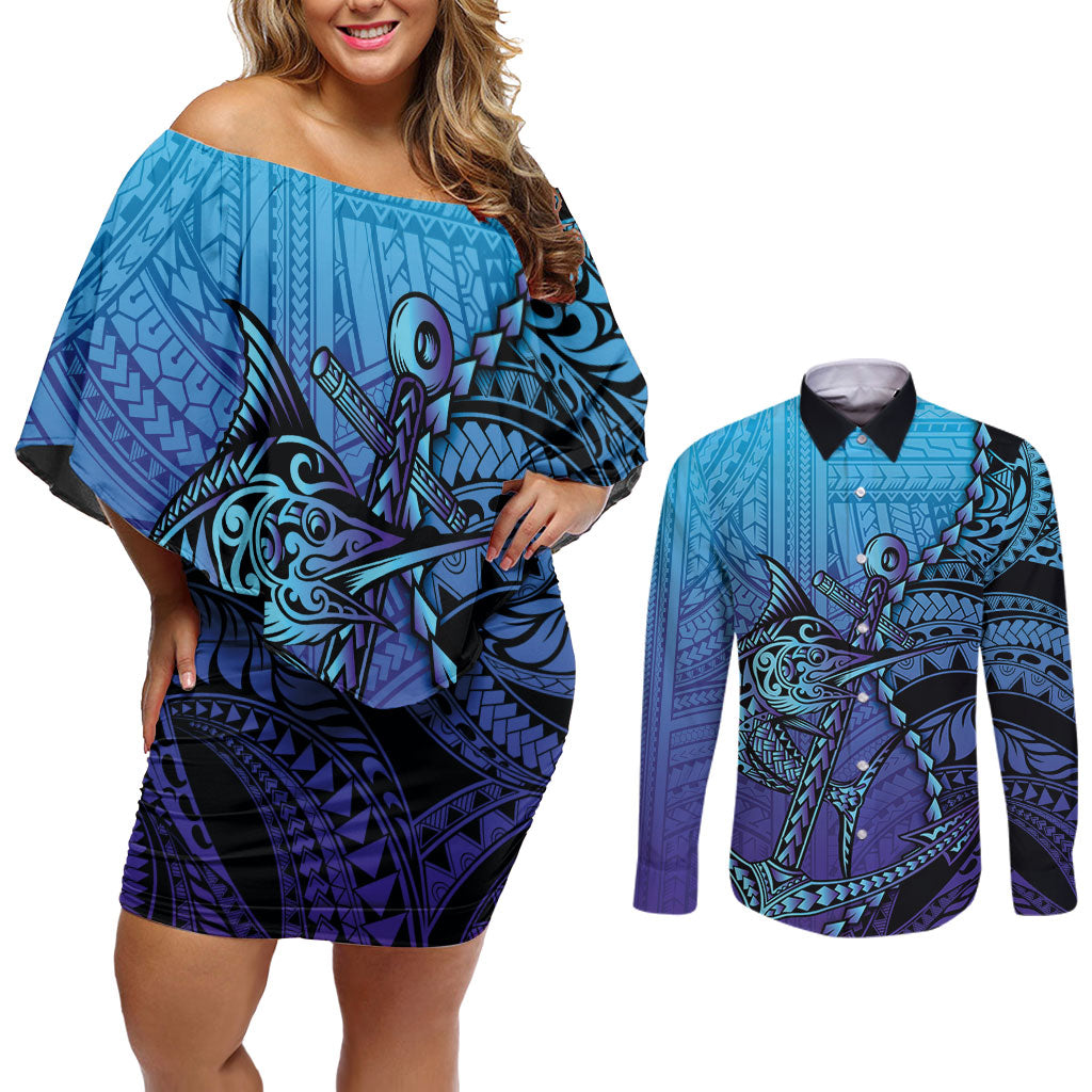 Personalised Polynesia Blue Marlin Fishing Couples Matching Off Shoulder Short Dress and Long Sleeve Button Shirt Marlin Anchor Tattoo Polynesian Pattern