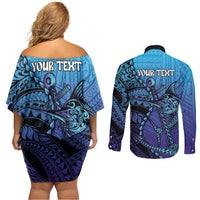 Personalised Polynesia Blue Marlin Fishing Couples Matching Off Shoulder Short Dress and Long Sleeve Button Shirt Marlin Anchor Tattoo Polynesian Pattern