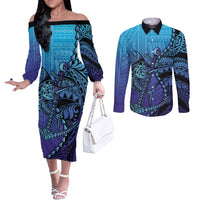 Personalised Polynesia Blue Marlin Fishing Couples Matching Off The Shoulder Long Sleeve Dress and Long Sleeve Button Shirt Marlin Anchor Tattoo Polynesian Pattern LT14 Purple - Polynesian Pride