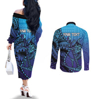 Personalised Polynesia Blue Marlin Fishing Couples Matching Off The Shoulder Long Sleeve Dress and Long Sleeve Button Shirt Marlin Anchor Tattoo Polynesian Pattern LT14 - Polynesian Pride