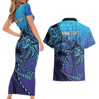 Personalised Polynesia Blue Marlin Fishing Couples Matching Short Sleeve Bodycon Dress and Hawaiian Shirt Marlin Anchor Tattoo Polynesian Pattern