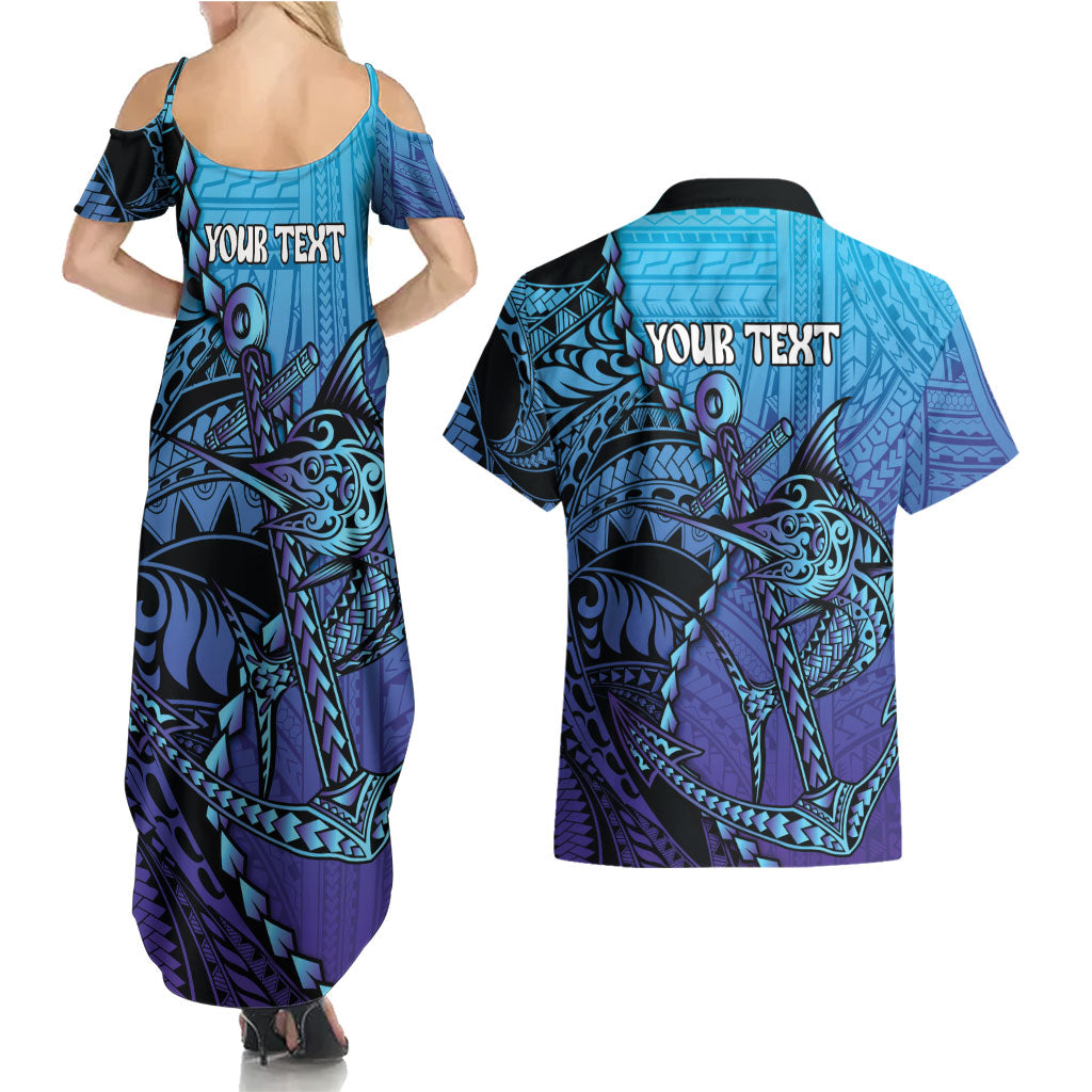 Personalised Polynesia Blue Marlin Fishing Couples Matching Summer Maxi Dress and Hawaiian Shirt Marlin Anchor Tattoo Polynesian Pattern