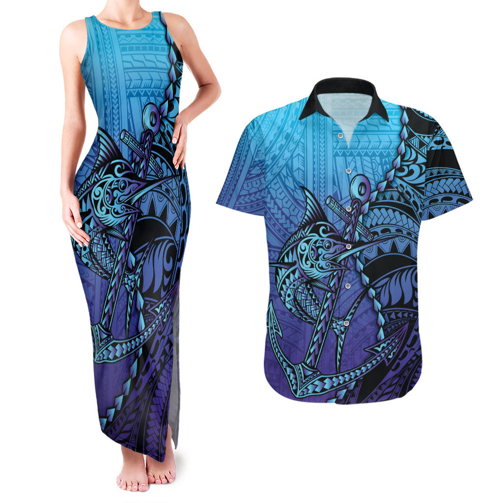 Personalised Polynesia Blue Marlin Fishing Couples Matching Tank Maxi Dress and Hawaiian Shirt Marlin Anchor Tattoo Polynesian Pattern