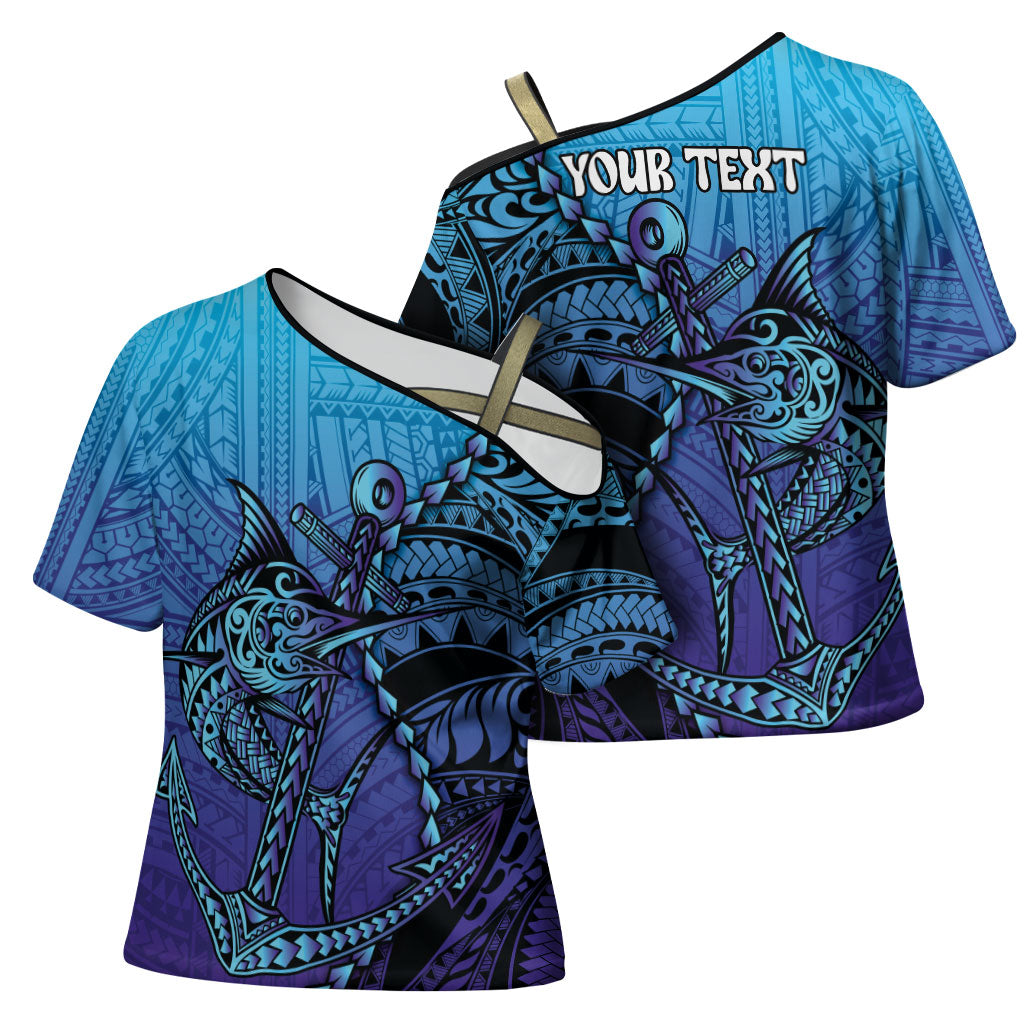 Personalised Polynesia Blue Marlin Fishing Cross Shoulder Shirt Marlin Anchor Tattoo Polynesian Pattern