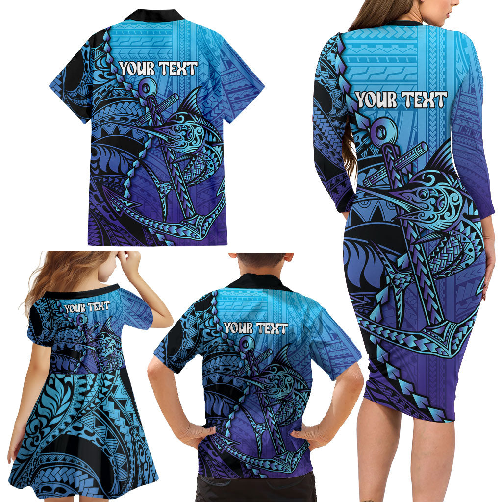 Personalised Polynesia Blue Marlin Fishing Family Matching Long Sleeve Bodycon Dress and Hawaiian Shirt Marlin Anchor Tattoo Polynesian Pattern LT14 - Polynesian Pride