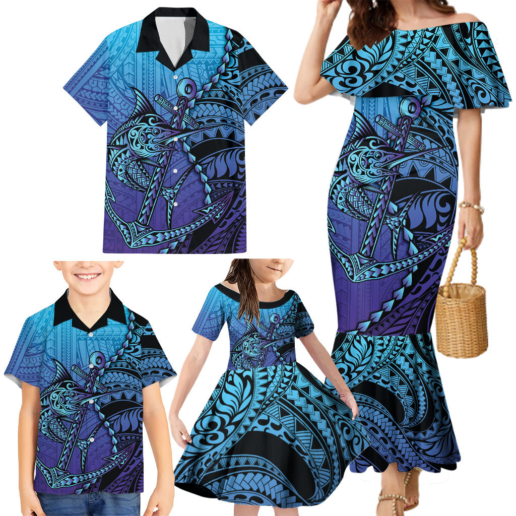 Personalised Polynesia Blue Marlin Fishing Family Matching Mermaid Dress and Hawaiian Shirt Marlin Anchor Tattoo Polynesian Pattern LT14 - Polynesian Pride