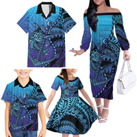 Personalised Polynesia Blue Marlin Fishing Family Matching Off The Shoulder Long Sleeve Dress and Hawaiian Shirt Marlin Anchor Tattoo Polynesian Pattern LT14 - Polynesian Pride