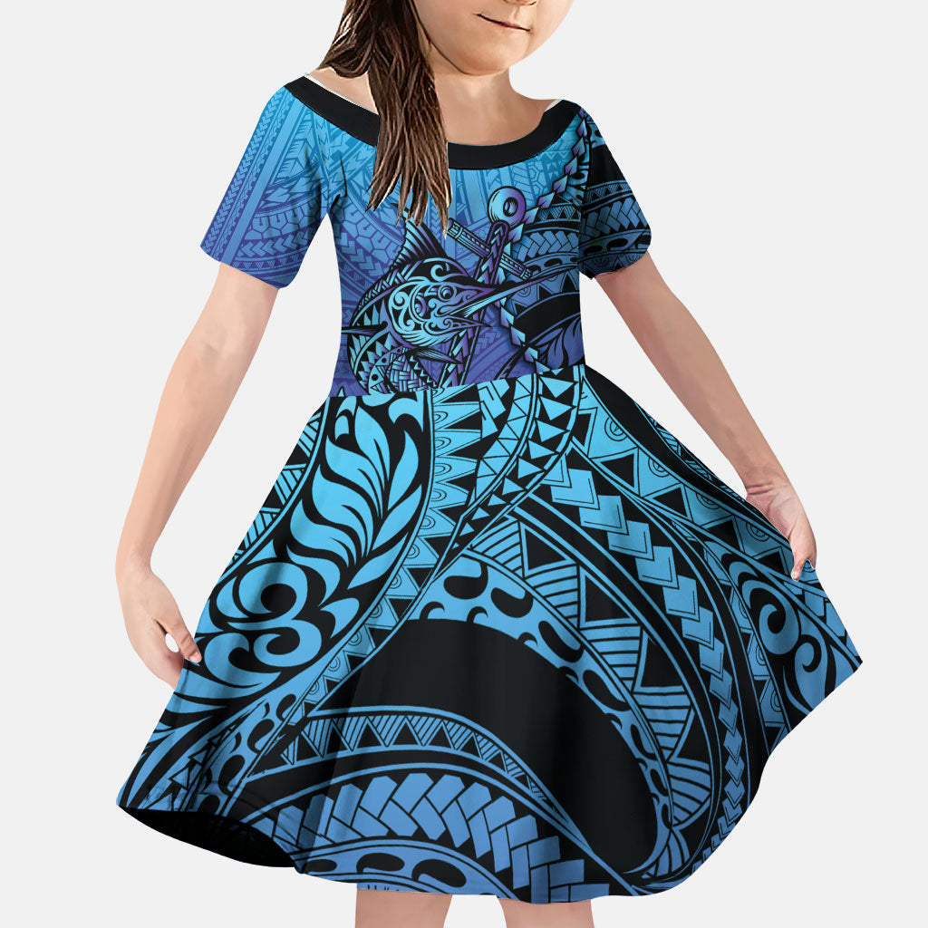 Personalised Polynesia Blue Marlin Fishing Family Matching Off Shoulder Maxi Dress and Hawaiian Shirt Marlin Anchor Tattoo Polynesian Pattern