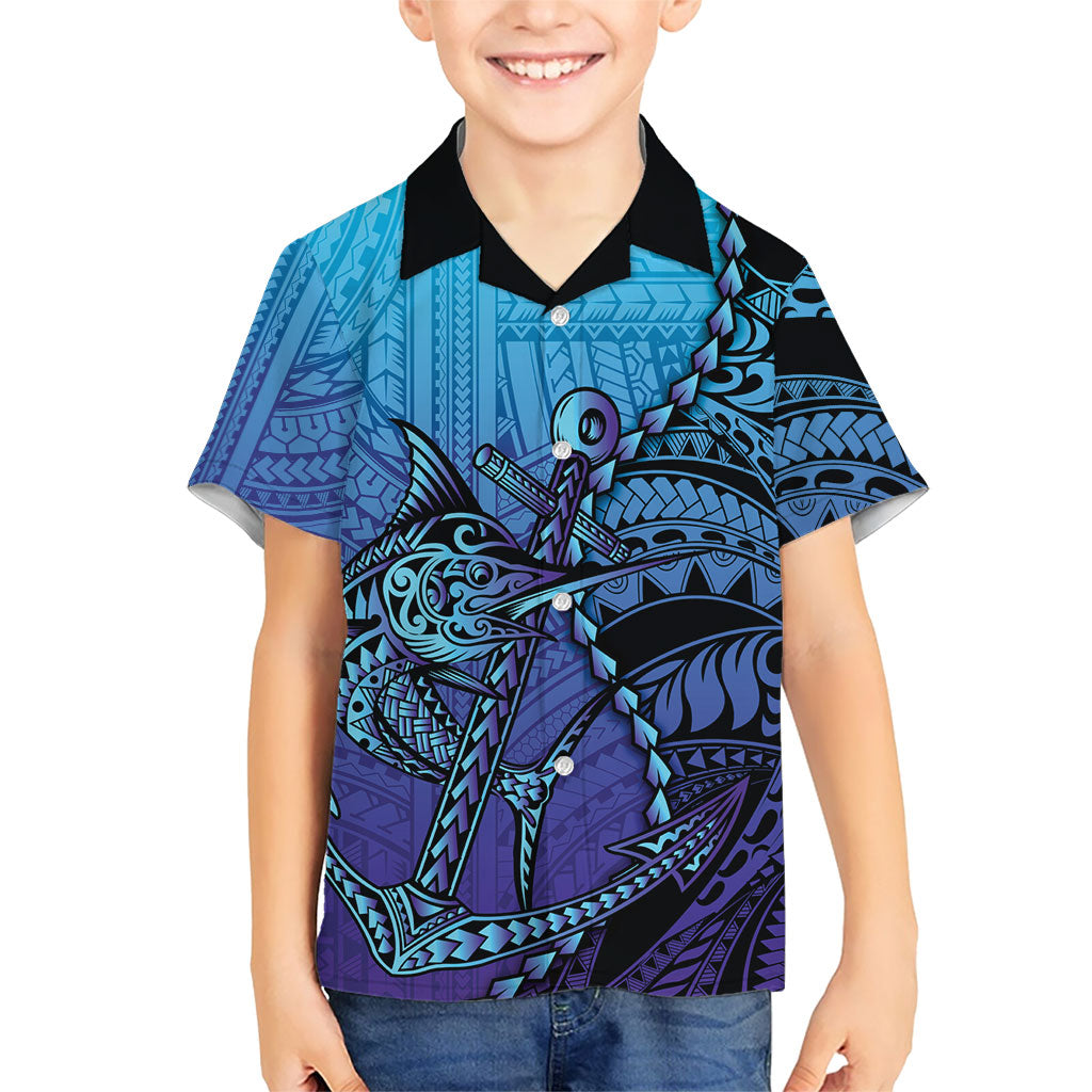 Personalised Polynesia Blue Marlin Fishing Family Matching Off Shoulder Maxi Dress and Hawaiian Shirt Marlin Anchor Tattoo Polynesian Pattern