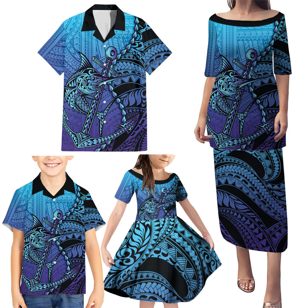 Personalised Polynesia Blue Marlin Fishing Family Matching Puletasi and Hawaiian Shirt Marlin Anchor Tattoo Polynesian Pattern