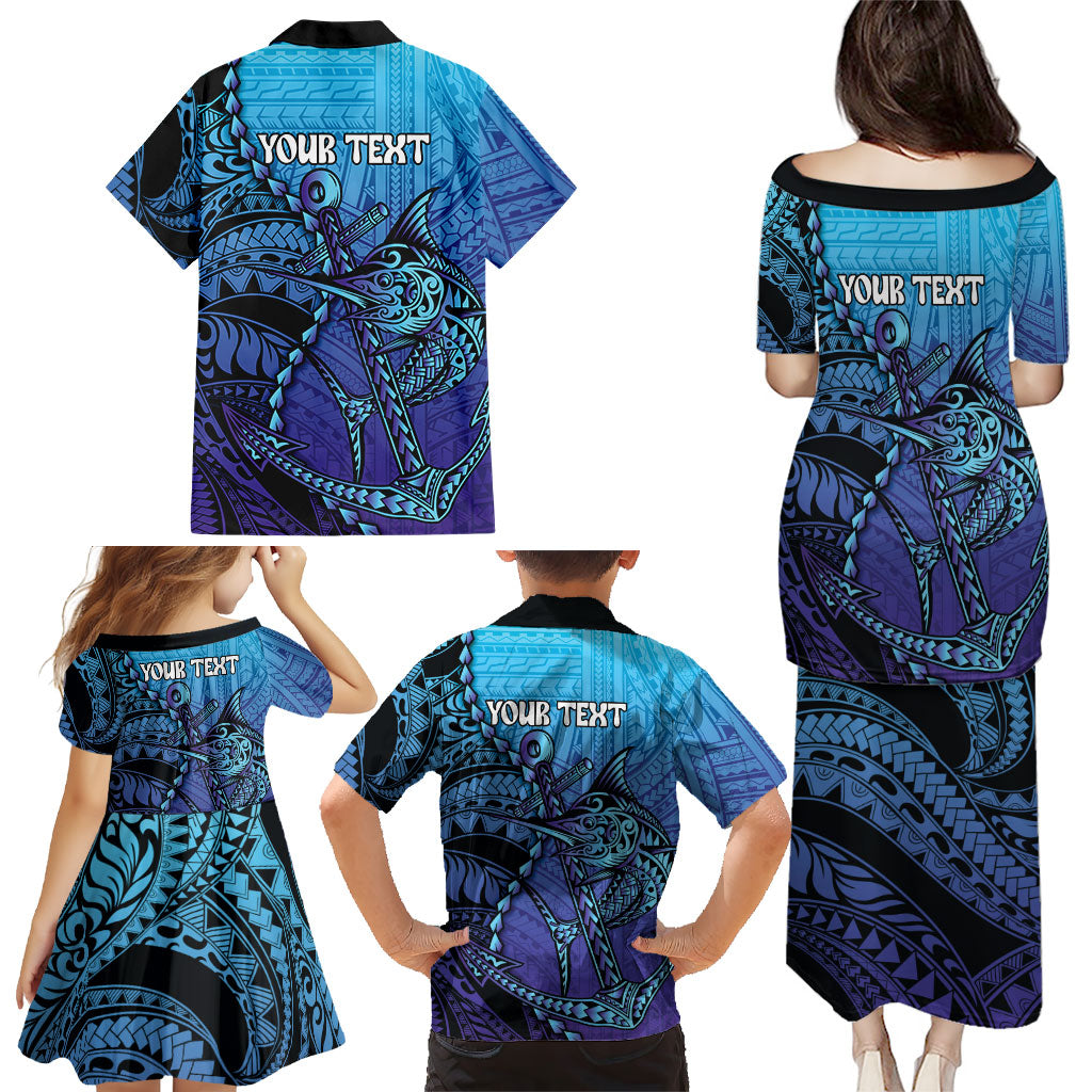 Personalised Polynesia Blue Marlin Fishing Family Matching Puletasi and Hawaiian Shirt Marlin Anchor Tattoo Polynesian Pattern